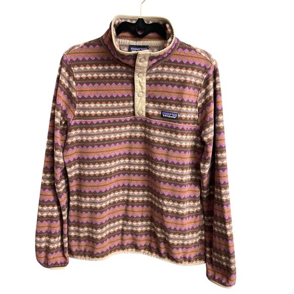 Patagonia Micro D Snap T Fleece Pullover Pink Diamond Stripe / Brown Size Medium - Picture 2 of 7